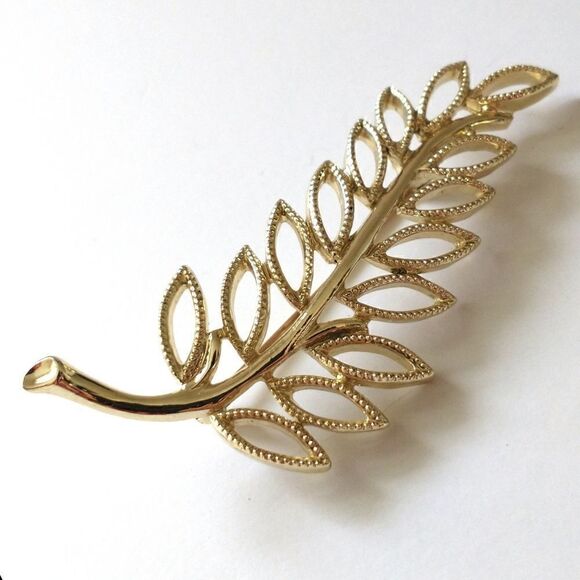 Estate EMMONS Feather Brooch Pin Open Work Leaf Filigree Blonde Gold Tone MCM - Picture 11 of 16